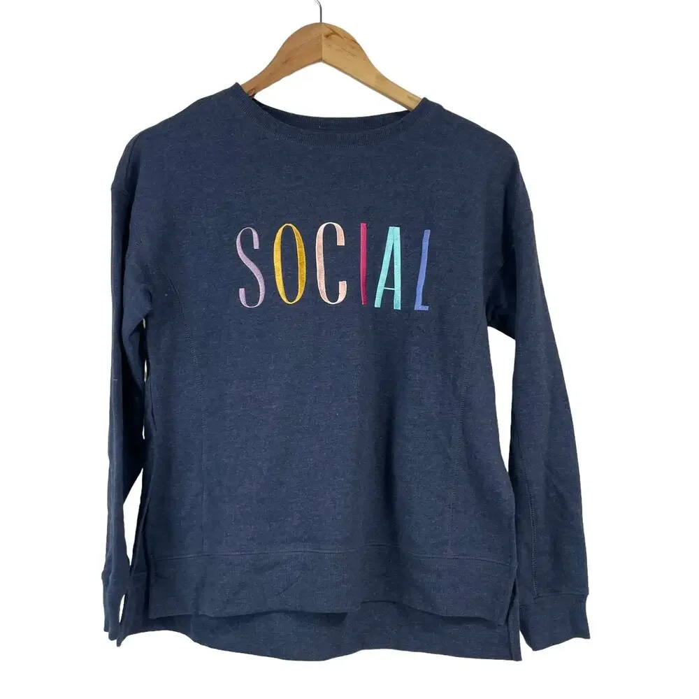 Wildfox NWT Navy Statement “Social” Sweatshirt Side Slits Drop Shoulder Size M - Picture 4 of 10